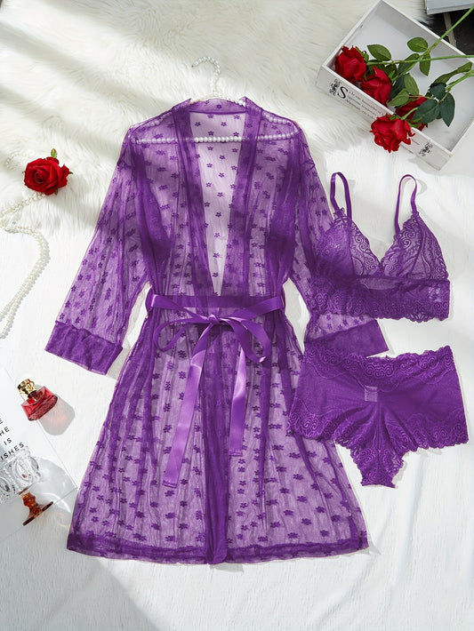 25AW Lingerie Set, Women's Bralette + Panties + Garter Belt + Robe